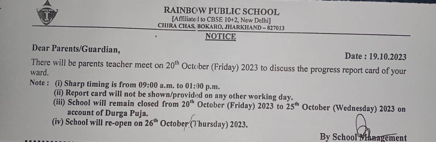 parents teacher meet on 20th October 2023